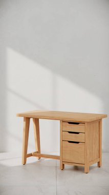 Üç çekmecesi ve temiz çizgileri olan küçük tahta bir masa. Mobilya katalogları, ürün görselleştirme, iç tasarım projeleri ve modern çalışma alanı dekorasyon sunumları için mükemmel..