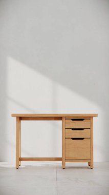 Üç çekmecesi ve temiz çizgileri olan küçük tahta bir masa. Mobilya katalogları, ürün görselleştirme, iç tasarım projeleri ve modern çalışma alanı dekorasyon sunumları için mükemmel..