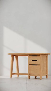 Üç çekmecesi ve temiz çizgileri olan küçük tahta bir masa. Mobilya katalogları, ürün görselleştirme, iç tasarım projeleri ve modern çalışma alanı dekorasyon sunumları için mükemmel..