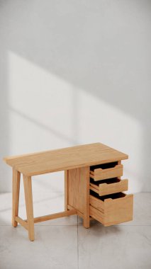 Üç çekmecesi ve temiz çizgileri olan küçük tahta bir masa. Mobilya katalogları, ürün görselleştirme, iç tasarım projeleri ve modern çalışma alanı dekorasyon sunumları için mükemmel..