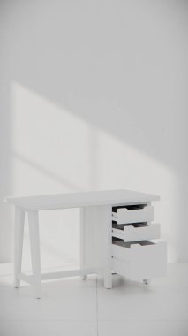 Üç çekmecesi ve temiz çizgileri olan küçük tahta bir masa. Mobilya katalogları, ürün görselleştirme, iç tasarım projeleri ve modern çalışma alanı dekorasyon sunumları için mükemmel..