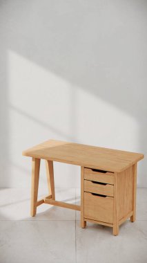 Üç çekmecesi ve temiz çizgileri olan küçük tahta bir masa. Mobilya katalogları, ürün görselleştirme, iç tasarım projeleri ve modern çalışma alanı dekorasyon sunumları için mükemmel..