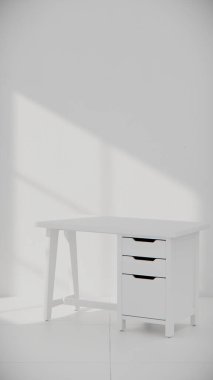 Üç çekmecesi ve temiz çizgileri olan küçük tahta bir masa. Mobilya katalogları, ürün görselleştirme, iç tasarım projeleri ve modern çalışma alanı dekorasyon sunumları için mükemmel..