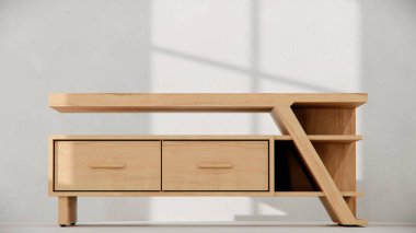 Modern TV konsolunun açısal tasarımı, çekmeceleri ve rafları ile üç boyutlu görüntüsü. Mobilya katalogları, ürün görselleştirme, iç tasarım projeleri ve çağdaş dekor sunumları için mükemmel.
