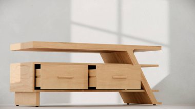 Modern TV konsolunun açısal tasarımı, çekmeceleri ve rafları ile üç boyutlu görüntüsü. Mobilya katalogları, ürün görselleştirme, iç tasarım projeleri ve çağdaş dekor sunumları için mükemmel.