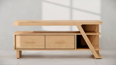 Modern TV konsolunun açısal tasarımı, çekmeceleri ve rafları ile üç boyutlu görüntüsü. Mobilya katalogları, ürün görselleştirme, iç tasarım projeleri ve çağdaş dekor sunumları için mükemmel.