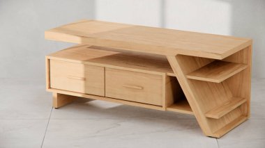 Modern TV konsolunun açısal tasarımı, çekmeceleri ve rafları ile üç boyutlu görüntüsü. Mobilya katalogları, ürün görselleştirme, iç tasarım projeleri ve çağdaş dekor sunumları için mükemmel.