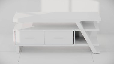 Modern TV konsolunun açısal tasarımı, çekmeceleri ve rafları ile üç boyutlu görüntüsü. Mobilya katalogları, ürün görselleştirme, iç tasarım projeleri ve çağdaş dekor sunumları için mükemmel.