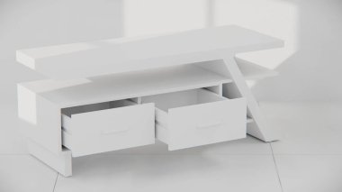 Modern TV konsolunun açısal tasarımı, çekmeceleri ve rafları ile üç boyutlu görüntüsü. Mobilya katalogları, ürün görselleştirme, iç tasarım projeleri ve çağdaş dekor sunumları için mükemmel.