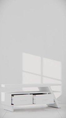 Modern TV konsolunun açısal tasarımı, çekmeceleri ve rafları ile üç boyutlu görüntüsü. Mobilya katalogları, ürün görselleştirme, iç tasarım projeleri ve çağdaş dekor sunumları için mükemmel.
