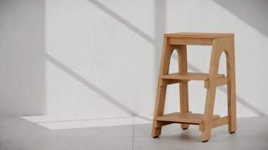 Üç boyutlu ahşap basamaklı, üç katlı ve kemerli tabure. Mobilya katalogları, ürün görselleştirme, iç tasarım projeleri ve modern dekor sunumları için mükemmel..