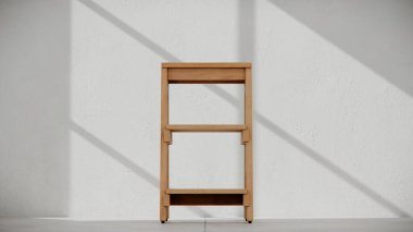 Üç boyutlu ahşap basamaklı, üç katlı ve kemerli tabure. Mobilya katalogları, ürün görselleştirme, iç tasarım projeleri ve modern dekor sunumları için mükemmel..