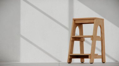 Üç boyutlu ahşap basamaklı, üç katlı ve kemerli tabure. Mobilya katalogları, ürün görselleştirme, iç tasarım projeleri ve modern dekor sunumları için mükemmel..