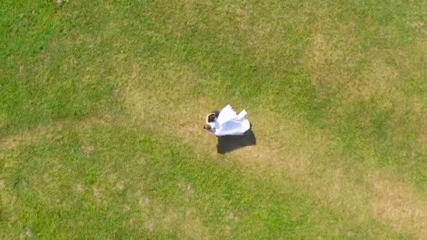 Rodeando al novio novia en sus brazos. Tiro cuadrocopteros.Al aire libre en el territorio del castillo. Pareja nupcial, Mujer recién casada y hombre abrazándose con amor — Vídeos de Stock