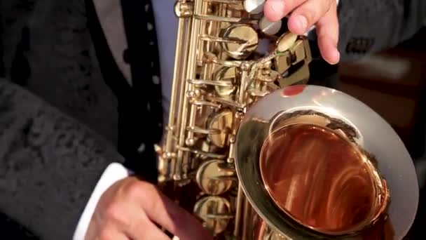 Hands playing the saxophone. Saxophonist plays jazz and love music. — Stock Video