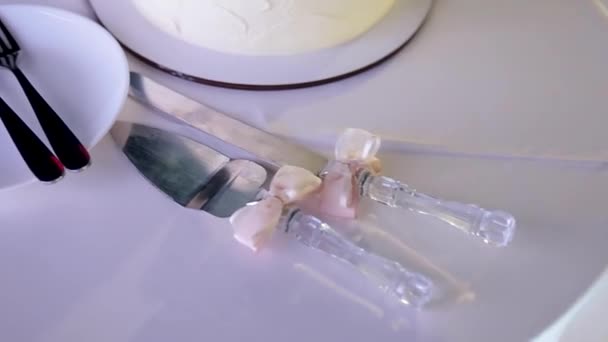 スパチュラ、ナイフ、結婚式のケーキを切るためのプレート上の2つのフォーク. — ストック動画