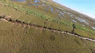 FPV insansız hava aracı, kırsal tarım arazileri ve tarlaların üzerinden uçuyor, sel bankaları ve sulak bataklık bölgeleri, Hughnshire, İngiltere, İngiltere, güneşli bahar günü 