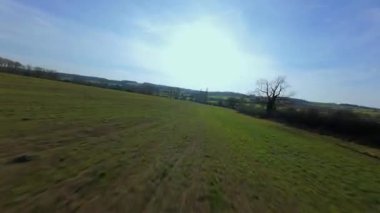 FPV insansız hava aracı gün batımında İngiltere 'nin yeşil arazilerinden geçer, çiftlik hayvanlarının, çitlerin ve çayırların yanından geçer, yukarıdan kırsal manzaranın güzelliğini yakalar.