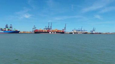 Büyük endüstriyel nakliye limanının hava aracı görüntüsü, ithalat için gemilere yüklenen kargo konteynırı yükü, İngiltere Felixstowe 'deki gantry vinçleri.