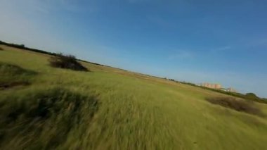 FPV insansız hava aracı kırsal araziler ve otlaklar üzerinde, akşam vakti İngiltere 'de altın ışık.