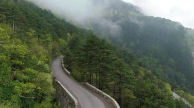 Karadağ 'ın Kotor kentindeki dev dağ sıralarının havadan görünüşü, yemyeşil bir manzara, baharda bulutlu bir zirve. Yollar rüzgarlı yılan şeritleri. Avrupa Seyahati.
