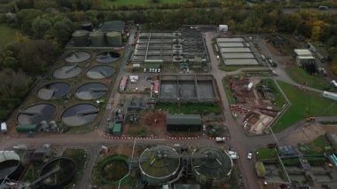 High Altitude Aerial View Of Massive Wastewater Treatment Plant With Circular Clarifiers And Settlement Ponds In Soar Valley Leicester