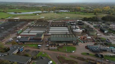 High Altitude Aerial View Of Massive Wastewater Treatment Plant With Circular Clarifiers And Settlement Ponds In Soar Valley Leicester