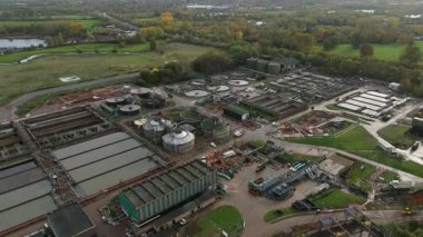 High Altitude Aerial View Of Massive Wastewater Treatment Plant With Circular Clarifiers And Settlement Ponds In Soar Valley Leicester