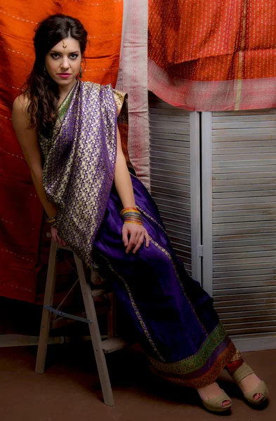 Den unge, mørkhårede kvinnen i den rike indiske sarien ser oppmerksom ut. Indiansk stil . – stockfoto