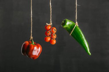Colored vegetables, peppers and tomatoes, suspended on a string against black background