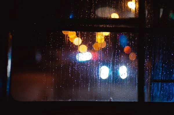 Raindrops Glass Background Night City — Stock Photo, Image