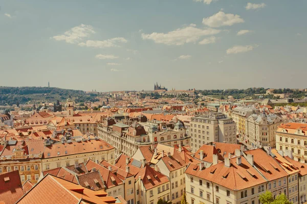 Çek Cumhuriyeti, Prag. Gözlem güvertesinden tarihi yere, eski kasabaya bakın. Aşağıda, ufukta St. Vitus Katedrali 'nin kırmızı çatıları var. Yaz