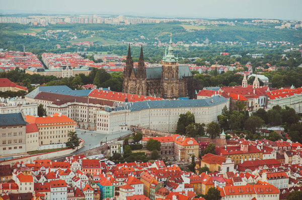 Panoramic view of Prague from the Observation Tower at Petrshin hill. St. Vitus Cathedral in the center of the photo