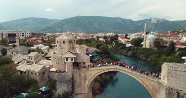 Footage Aerial View Old Bridge Stari Most Mostar River Neretva — 비디오