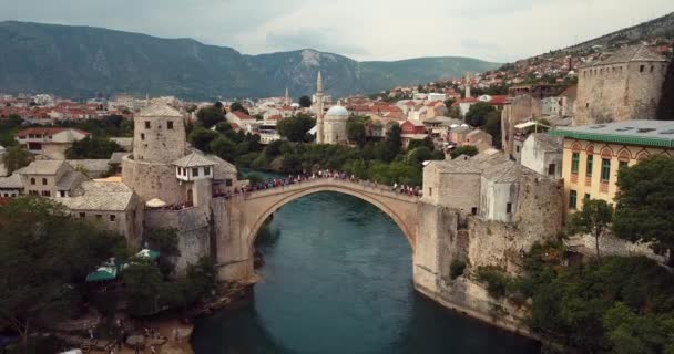 Footage Aerial View Old Bridge Stari Most Mostar River Neretva — 비디오