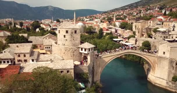 Felvételek Aerial View Old Bridge Stari Most Mostar River Neretva — Stock videók