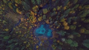 Rusya 'nın Altai Dağları' ndaki Aktash köyü yakınlarında Geyser Gölü ve Güz Ormanı 'nın 4K Hava Görüntüsü