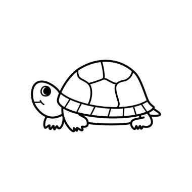 Şirin gülümseyen kaplumbağa çizgi film illüstrasyonu, basit siyah çizgi resim sürüngen karakteri hayvan simgesi logosu çıkartması için şeffaf arkaplanda izole edilmiş.