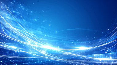 Dinamik Mavi Işık Çizgileri ve Soyut Ağ Izgarası ile Yüksek Hızlı Dijital Veri Akımı Arkaplanı.