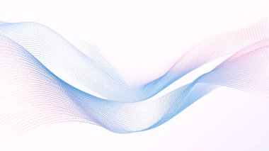 Soyut Noktalı Dalga Arkaplanı. Derece pembe ve mavi renkte beyaz arkaplanda akan parçacık çizgileri.