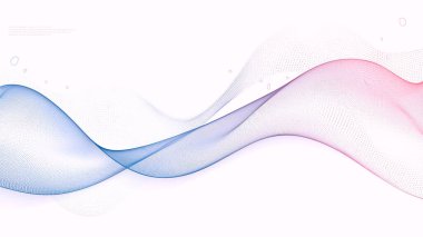 Beyaz zemin üzerinde akan noktalı parçacıkların soyut dalgası. Maviden pembeye eğilim.