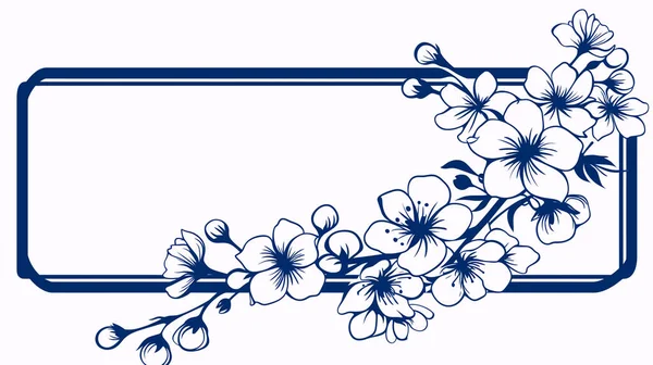 Kiraz Çiçeği Vektör İllüstrasyonu ve Kopyalama Alanı ile Donanma Mavi Çerçevesi.