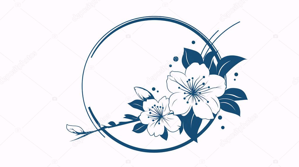 Elegant Floral Circle Frame with Blue Cherry Blossoms and Leaves, Monochrome Vector Illustration.