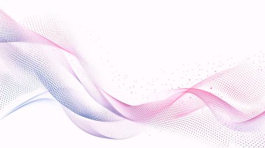 Akan çizgiler, noktalar, yarım ton ve gradyan içeren soyut mor dalga arkaplanı, beyaz kopya alanı ile dinamik bir dijital tasarım yaratıyor..