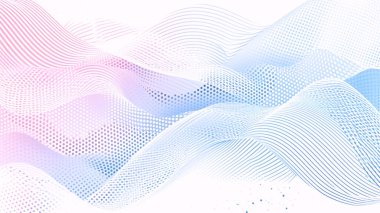 Mor ve morumsu gradyan dalgalarla dinamik soyut arkaplan, çapraz akış ve beyaz ve pembe yarım tonlu nokta desenleri örtüşüyor..
