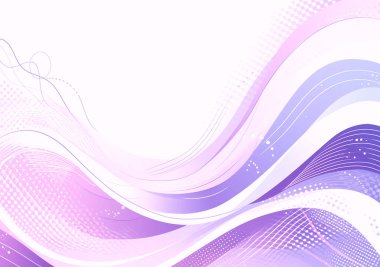 Dinamik, dönen pembe ve mor eğimli dalgalar, yarım tonlu desenler ve beyaz arkaplanda kopyalama alanı olan ince çizgiler içeren soyut vektör arkaplanı.