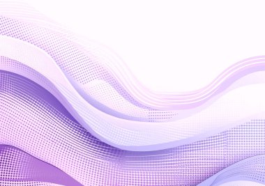 Akan, dinamik mor ve lavanta rengi dalgalı soyut arkaplan yarım tonlu nokta desenleri ve eğimli beyaz yüzey üzerindeki çizgili elementler.