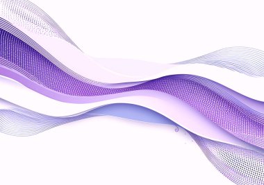 Dinamik mor ve lavanta rengi dalgalı şekilli soyut arkaplan, eğri doğrusal desenler ve beyaz kopya uzayı üzerindeki noktalı doku.