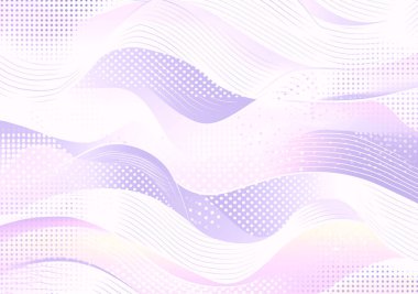 Modern soyut arkaplan, dinamik dalgalı çizgiler, üstüste binen şekiller, ve yumuşak mor, pembe ve beyaz gradyanlarla yarım ton nokta desenleri.