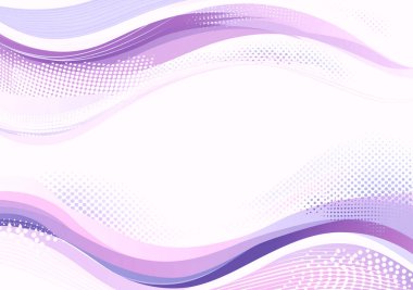 Pürüzsüz, mor ve pembe eğimli dalgaların soyut vektör arkaplanı, temiz beyaz bir alan üzerinde yarım ton nokta ve çizgilerle vurgulanmış..